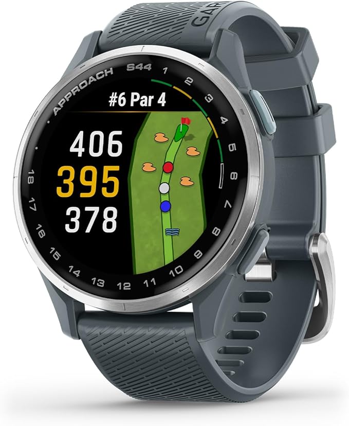 Garmin Approach® S44, Essential Golf GPS Smartwatch, AMOLED Display, On-Course Features, Silver Aluminum Bezel with Twilig...