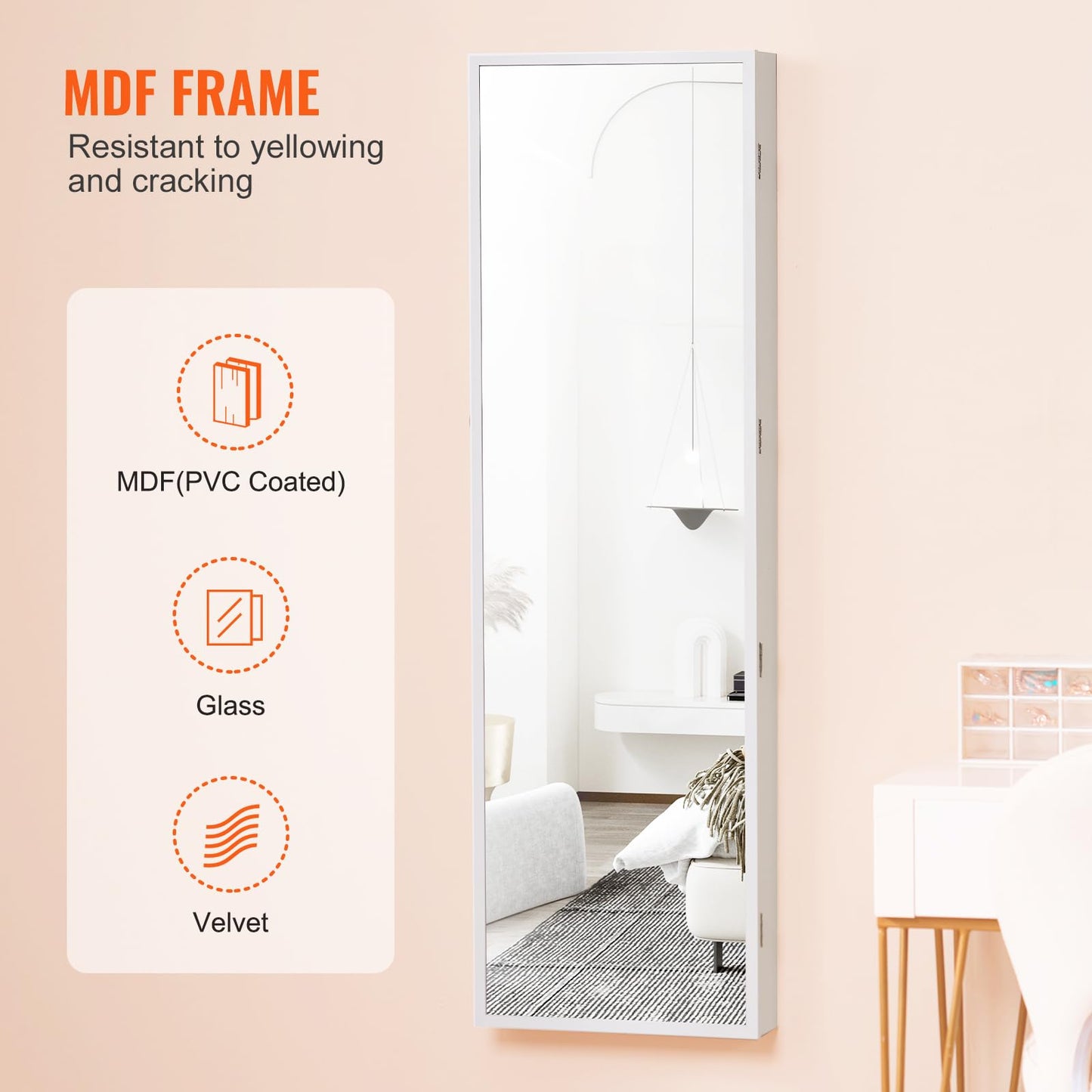 VEVOR Mirror Jewelry Cabinet, 47.2-Inch Tall Lockable Jewelry Armoire with Full-Length Mirror, Wall/Door Mounted Organizer with LED Lights and Velvet Lining, White