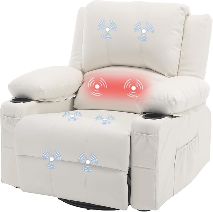 Massage Swivel Rocker Recliner with Lumbar Heat, Overstuffed PU Leather Recliners for Living Room, Modern Single Rocking Chair for Adults, Manual Rocker Recliner with Cup Holders for Bedroom, White