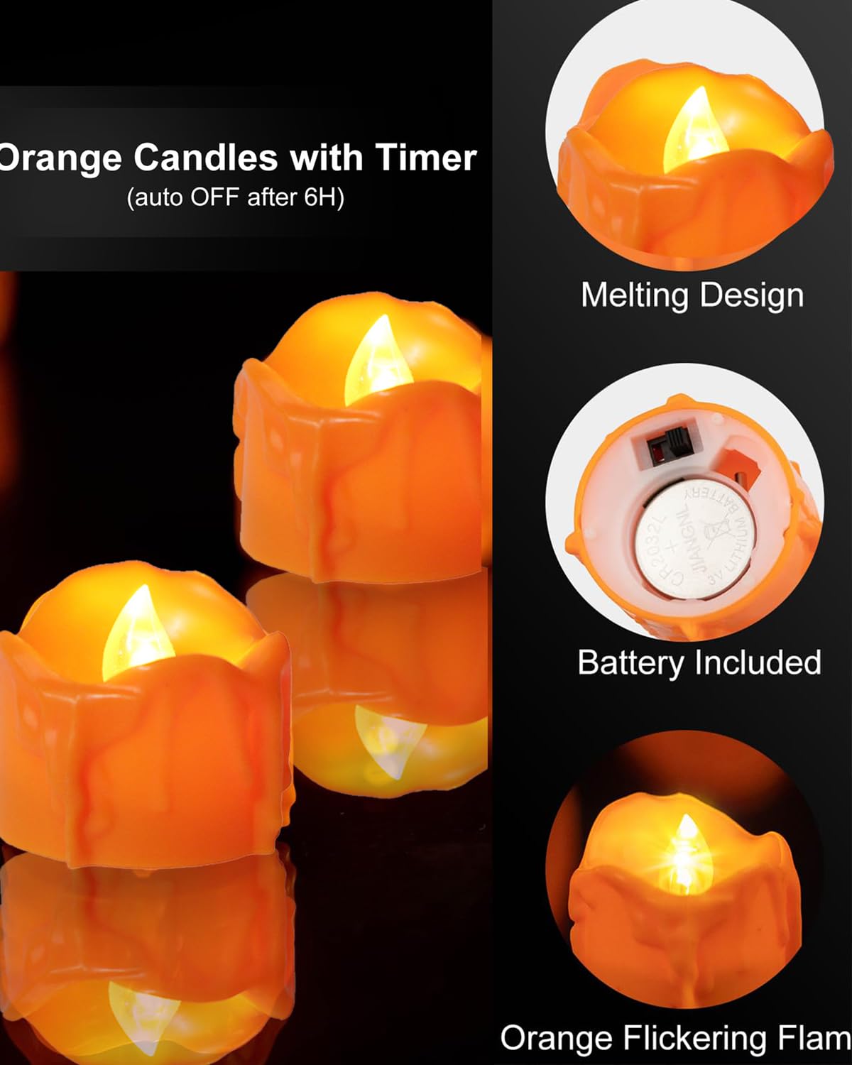 ONEIHOMM Halloween Orange Timer Tealights, Flameless Flickering Melting Candles Battery Operated, Fall Tea Lights for Gothic Wedding Home Decor (12PCS)