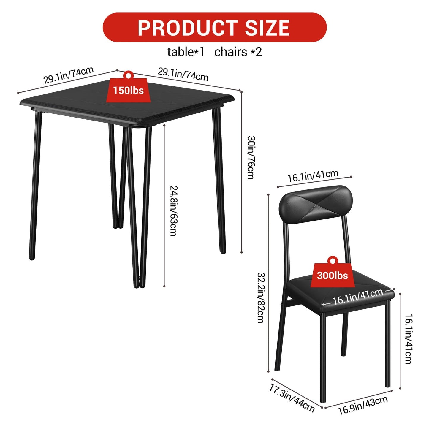 Dining Table Set for 4 with Black Wood Grain – Spacious Square Table with Rounded Corners and 4 Upholstered Chairs, Ideal for Apartment Living Room, Dining Room, (Black 3 Piece)