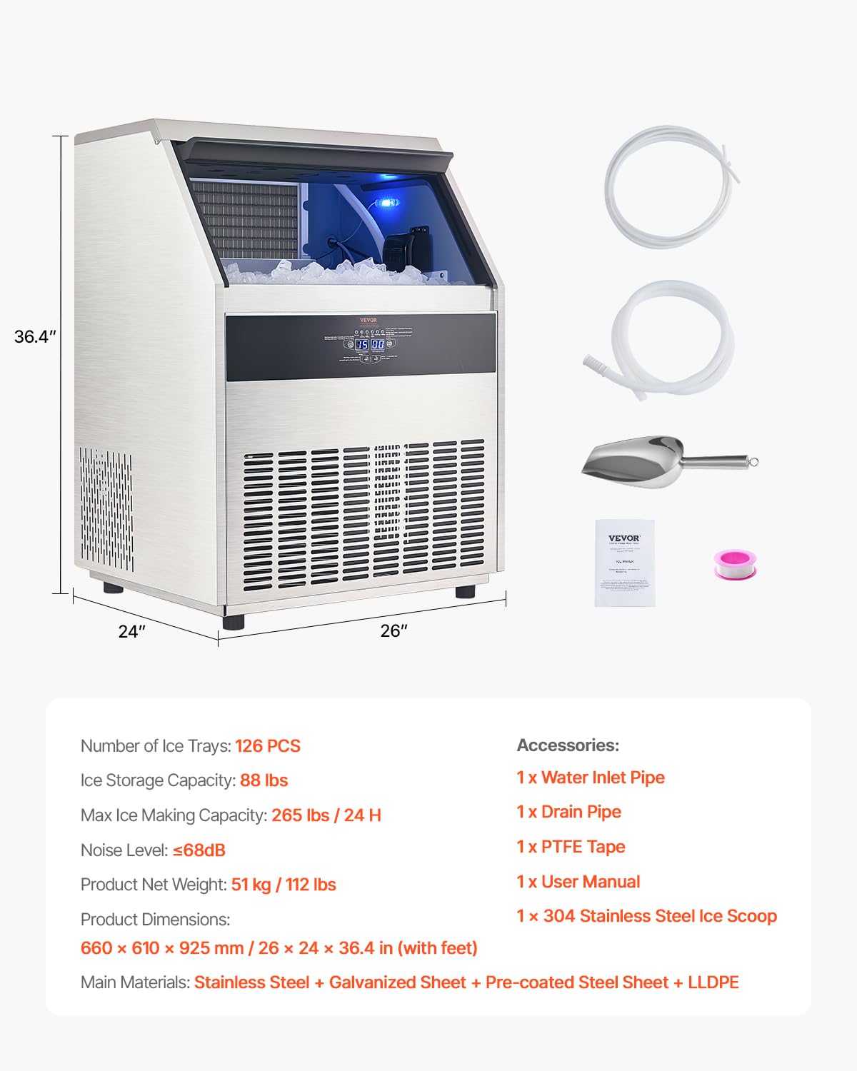 VEVOR Commercial Ice Maker Machine, 265lbs/24H Ice Maker Machine with 88lbs Storage Capacity, 126 Ice Cubes in 15 Minutes, LED Digital Display Freestanding Self-Cleaning for Bar Office Restaurant