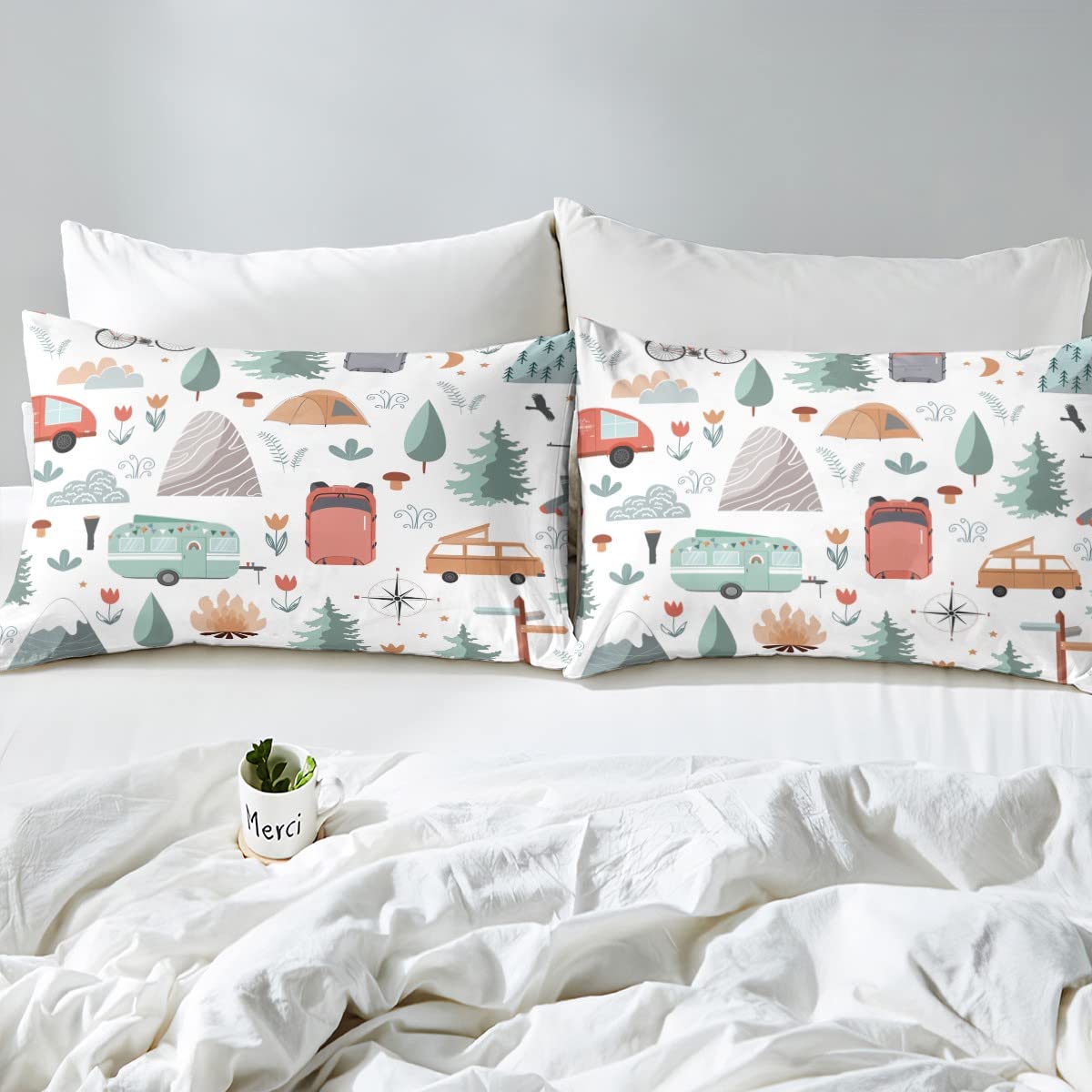 Kids Camper Theme Bed Sheets Set Full 4Pcs, Happy Camping Bedding Set, Travel Car Rv Accessories Sheets, Botanical Flowers Mountain Adventure Top Sheet, Cute Camper Flat Fitted Sheet Bedroom Decor