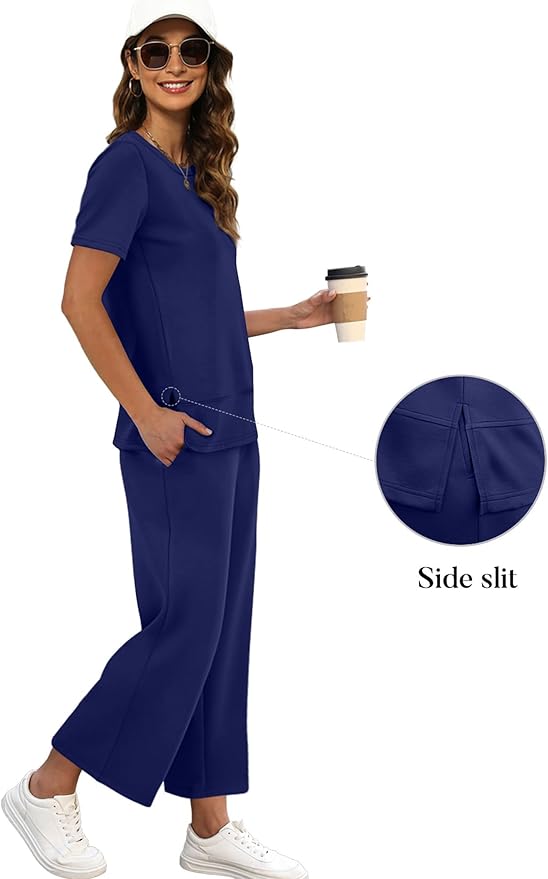 XIEERDUO Women's Side Slit Lounge Sets 2026 Fashion 2 Piece Travel Outfits Cozy Loungewear Wide Leg Tracksuits S-3XL