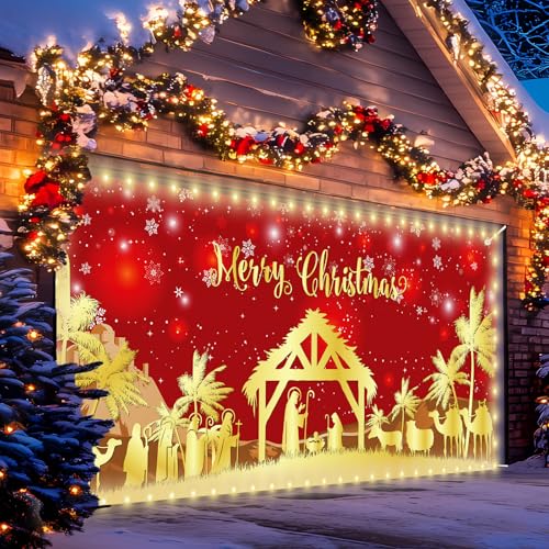 Christmas Garage Door Banner Decorations Red Jesus Christmas Garage Door Cover with LED Lights Large Holy Nativity Religio...