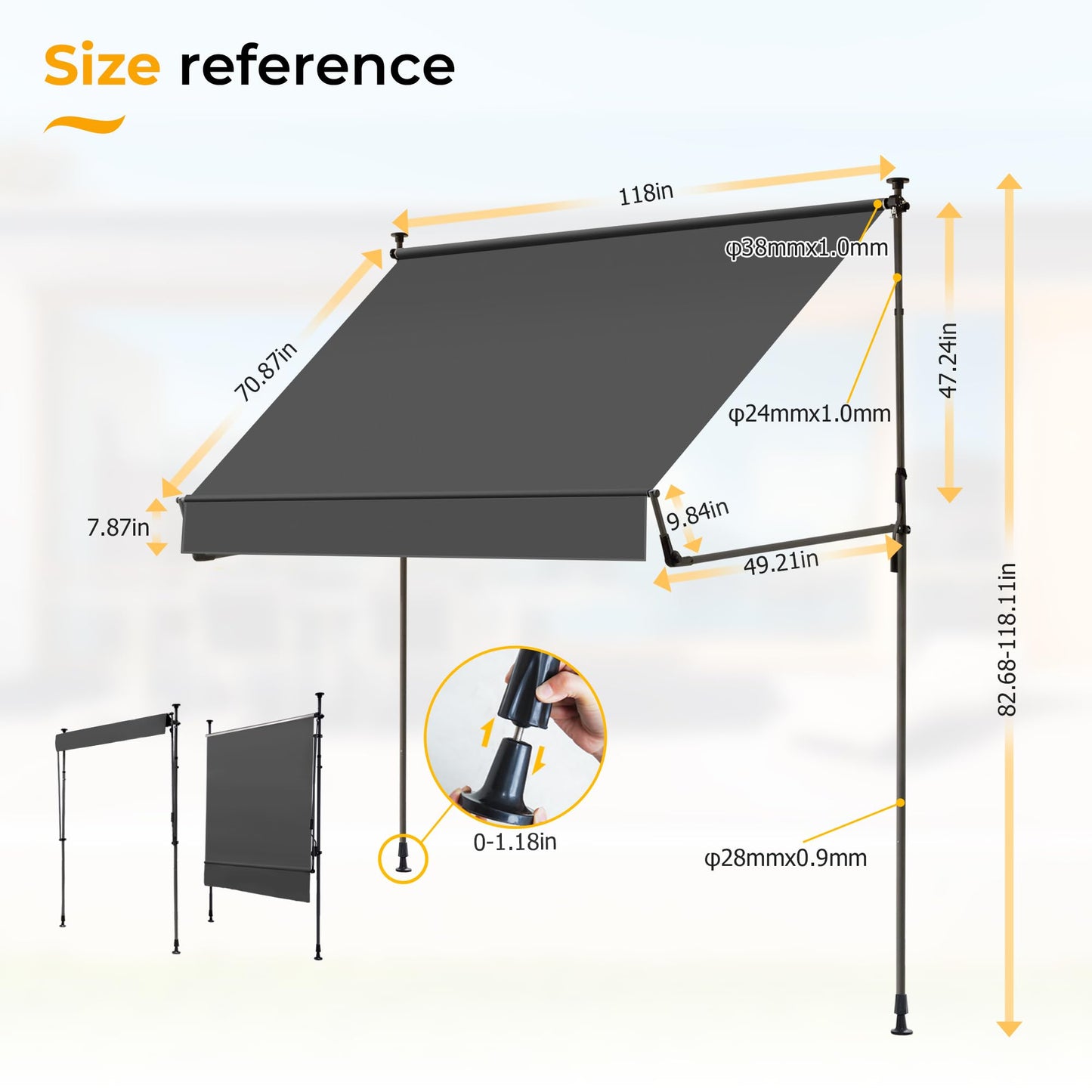 HOMEDEMO Manual Retractable Awning 118"x118" Foldable Side Bar 30°-180°,Outdoor Patio Awning Height Adjustable 82-118in Retractable Awning UV 50+ Protection,NO Drilling Awings for Backyard