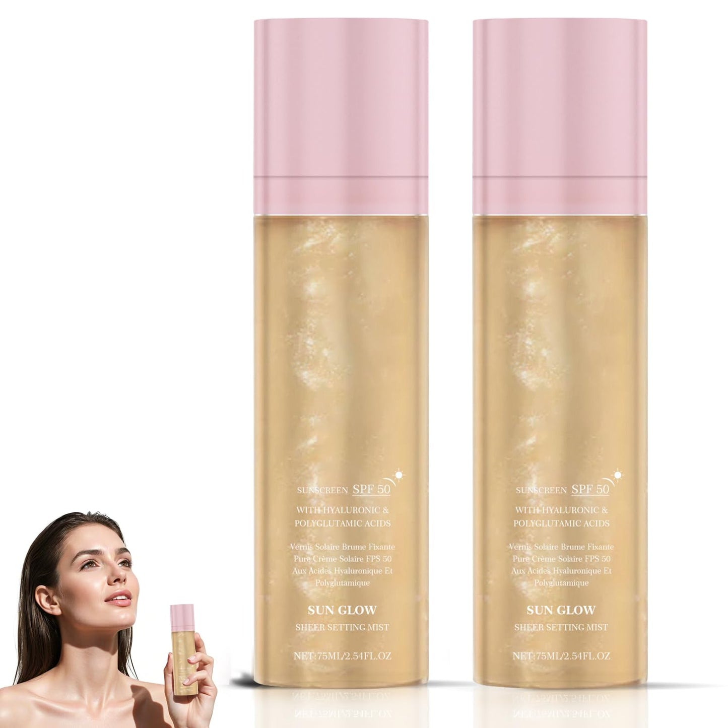 2Pcs Sunglaze Sheer Setting Mist Sunscreen SPF 50, Broad Spectrum Shimmering Face & Body Oil Mist, Hydrating Makeup-Friendly Glo