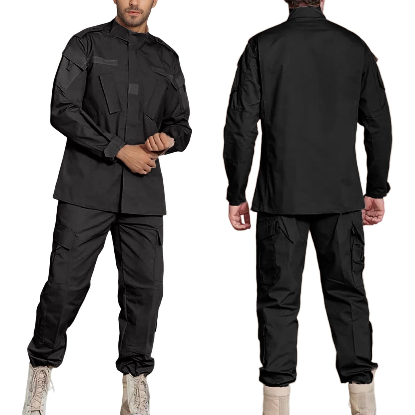 YKS JOOB Men's Tactical Combat Jacket and Pant Set Ripstop Military Uniform Outdoor Hunting Paintball Airsoft Casual Clothes Black S