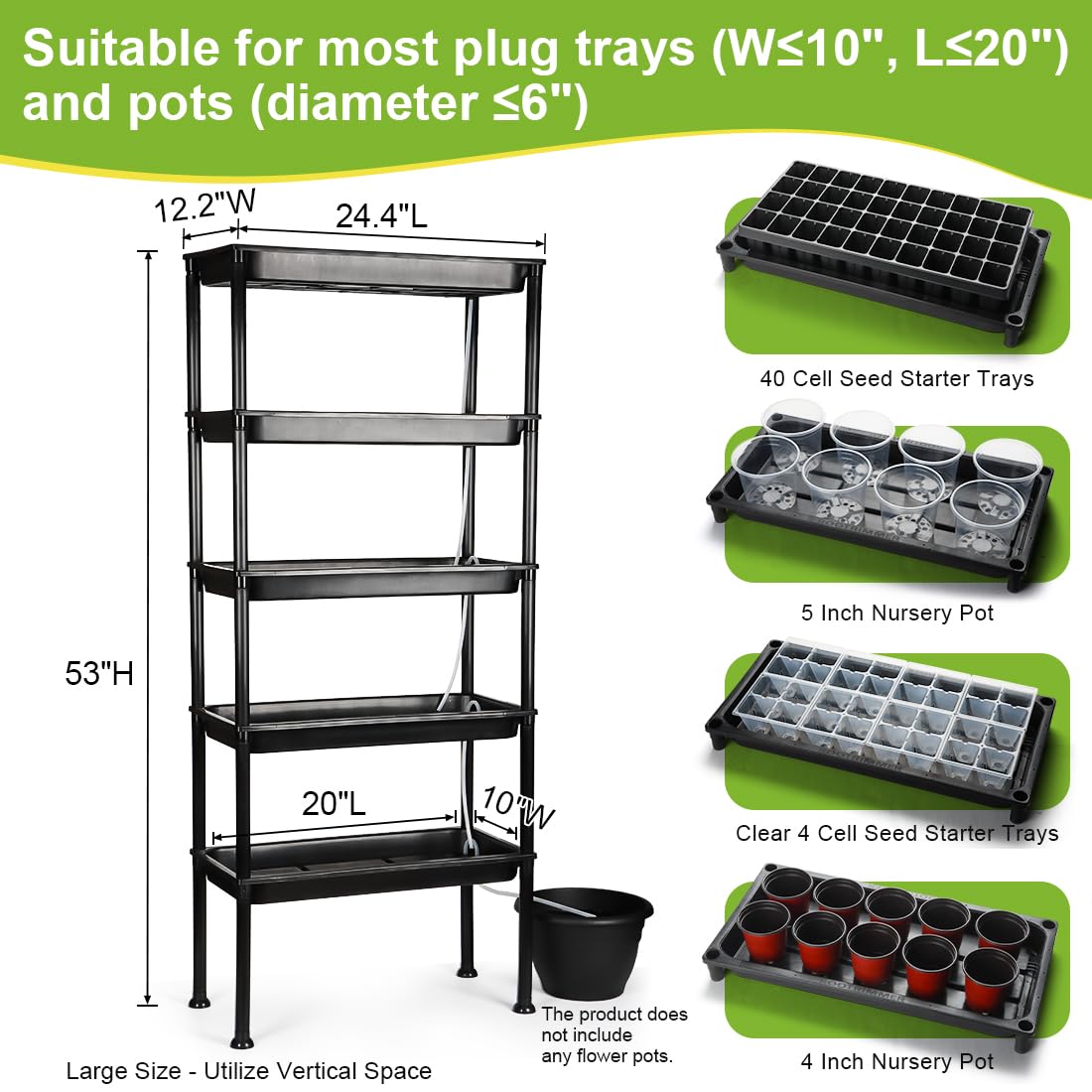 RooTrimmer 5-Tier Hydroponics Growing System, Plant Stand with Grow Lights & Pump - Ebb and Flow Seedbeds, Siphoning Watering, Designed for Nursery Cell Trays, Plant Pots