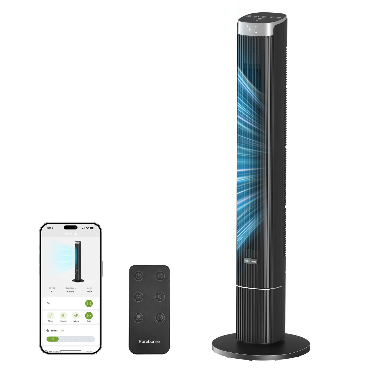 Pureborne 42-Inch Smart Tower Fan, 25dB Ultra-Quiet, 90° Oscillating Standing Fan, App & Voice Control, Remote, 4 Speeds, 4 Modes, 12H Timer, Floor Fan for Bedroom, Office, Black, 1 Pack
