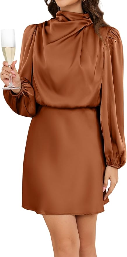 ZTMZA Women's 2025 Fall Long Sleeve Satin Short Dress Elegant Mock Neck Formal Wedding Guest Cocktail Party Mini Dresses