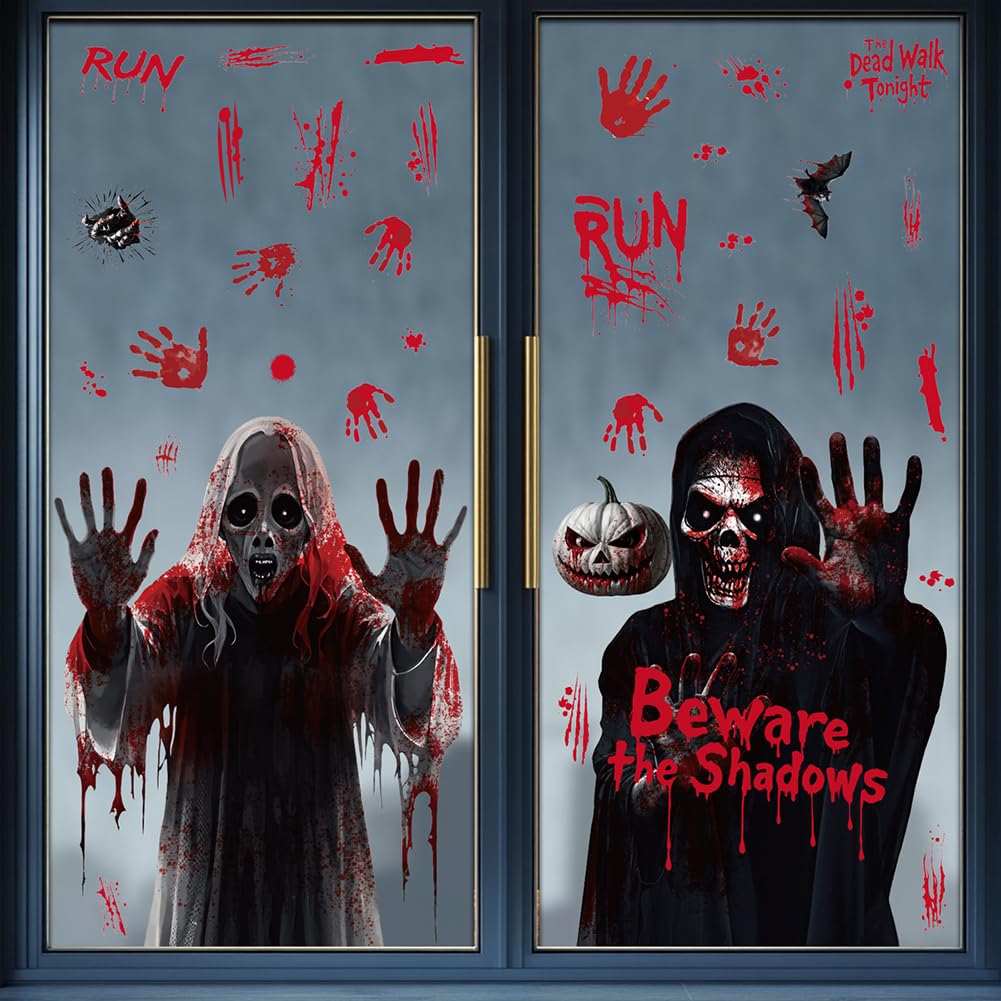 Halloween Window Clings Decorations - Scary Ghost & Death Stickers Scary Halloween Party Blood Stickers Decor for Home Classroom Windows Indoor/Outdoor Use - 8 Sheets
