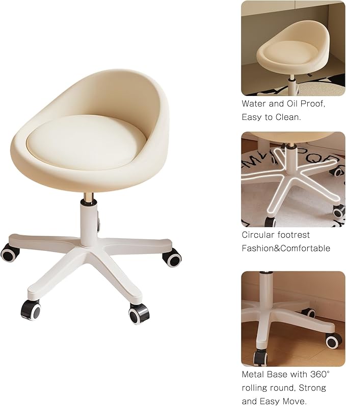 Walktory Round Rolling Stool with PU Leather Low Backrest, Hydraulic Height-Adjustable Swivel Chair for Spa, Salon, Tattoo, Massage, or Medical Office