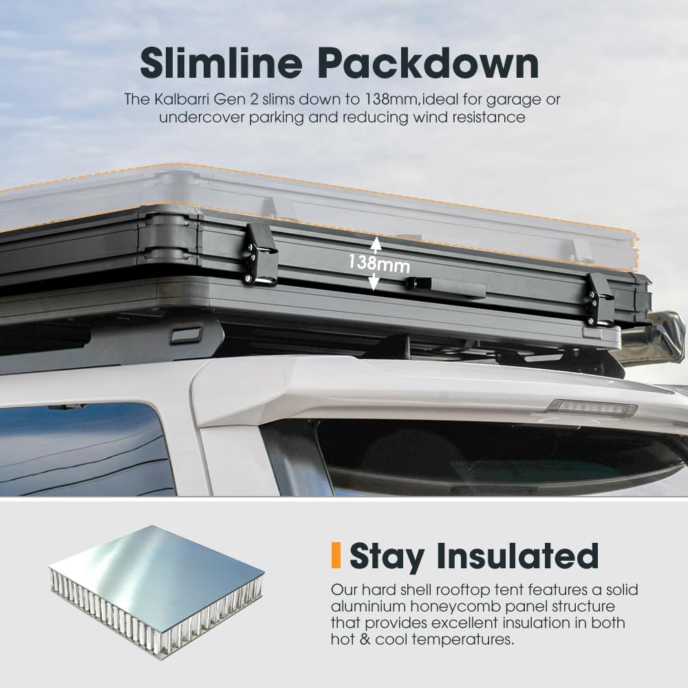 Sanhima Rooftop Tent Hard Shell - Hotham Overland Aluminium Roof Top Tent w/Larger Space, Full Ceiling LED Light & Skyview Window, 2” Thick Mattress, for Car SUV Truck Camping, 2-3 People, Gray