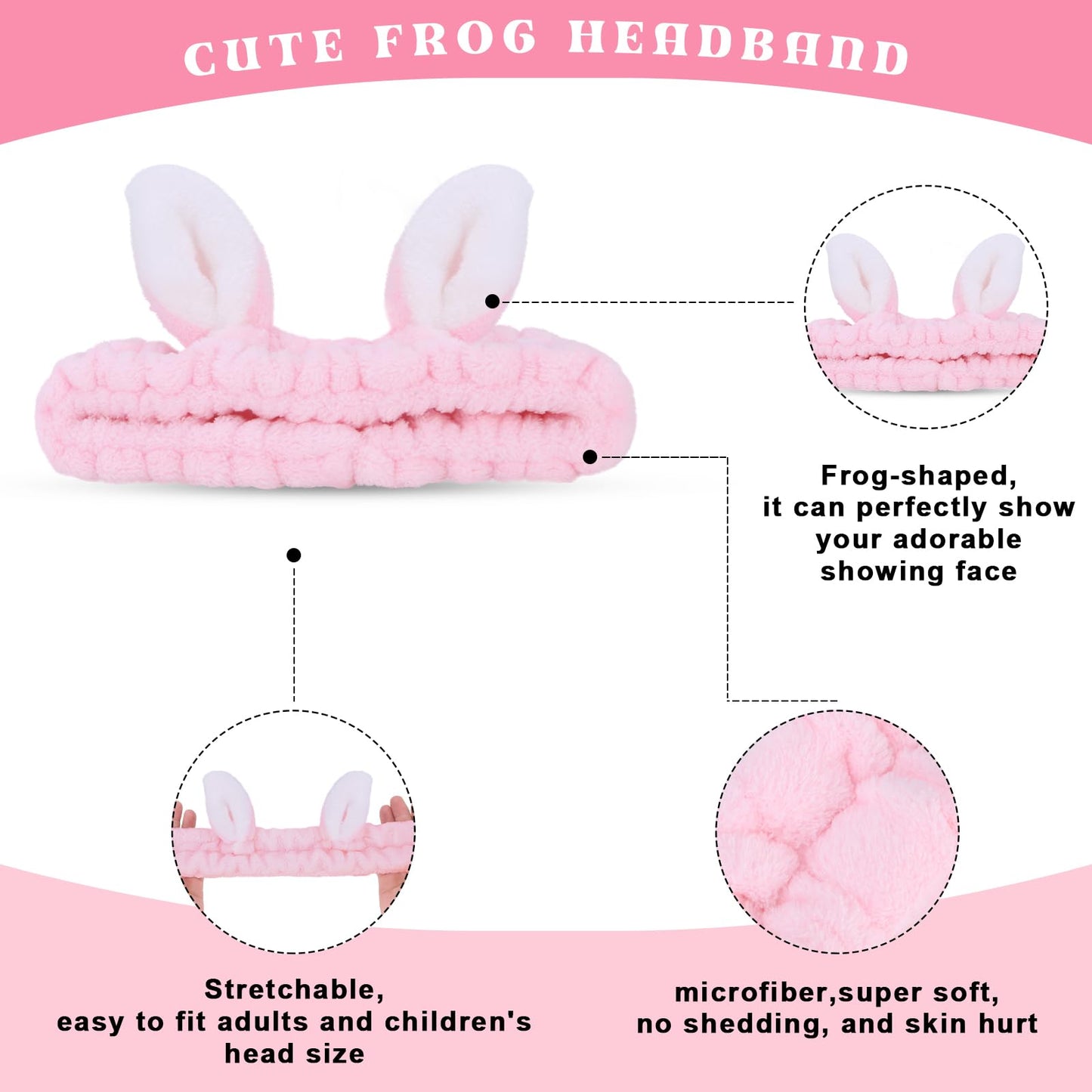 Cute pink Rabbit Ears Headband Frog Eye Elastic to Wash Face for Women Makeup Shower Spa (1 Pack)