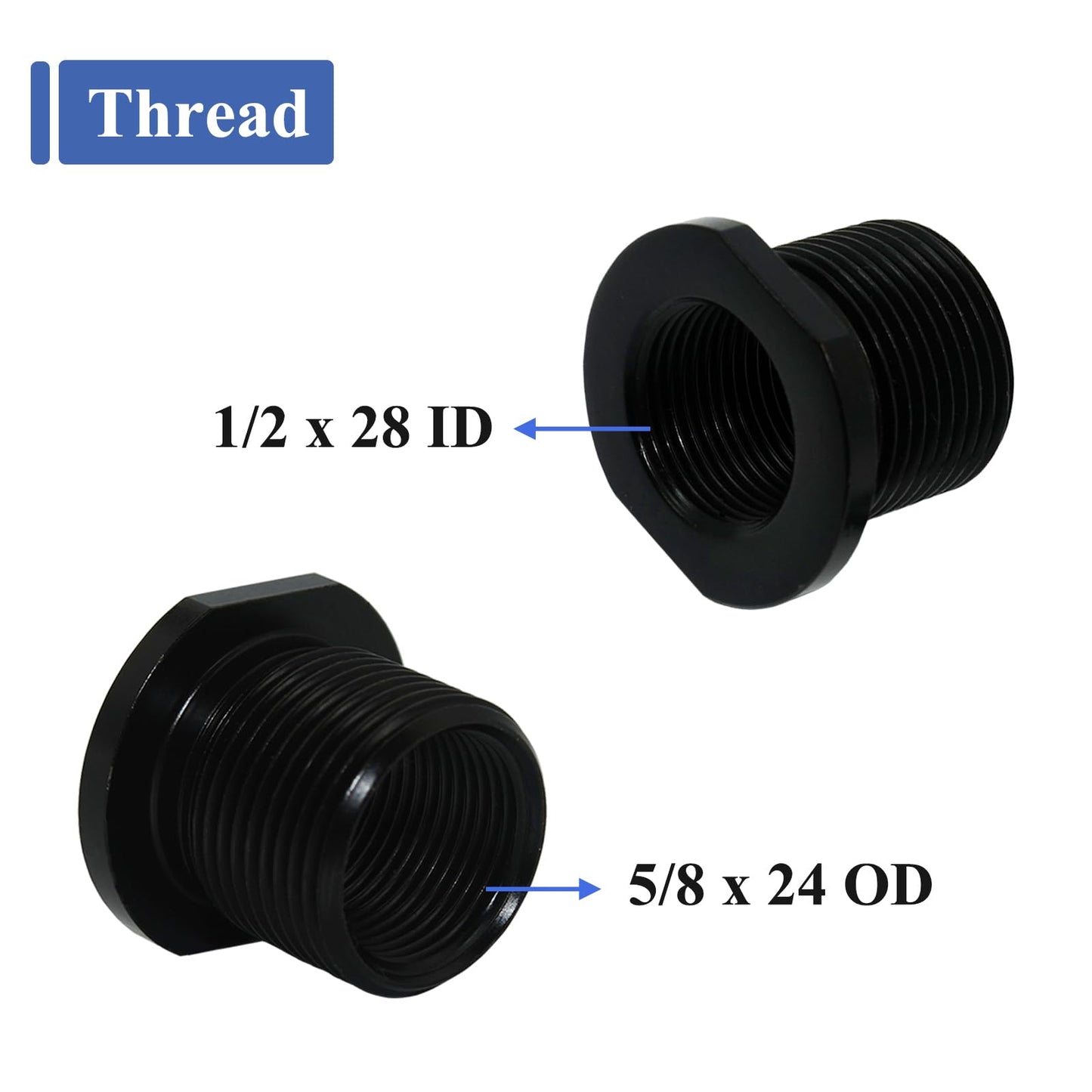 2 Pcs Thread Adapters and Rubber&Metal Washers, Replacement Kit, 1/2 * 28, 5/8 * 24, Black