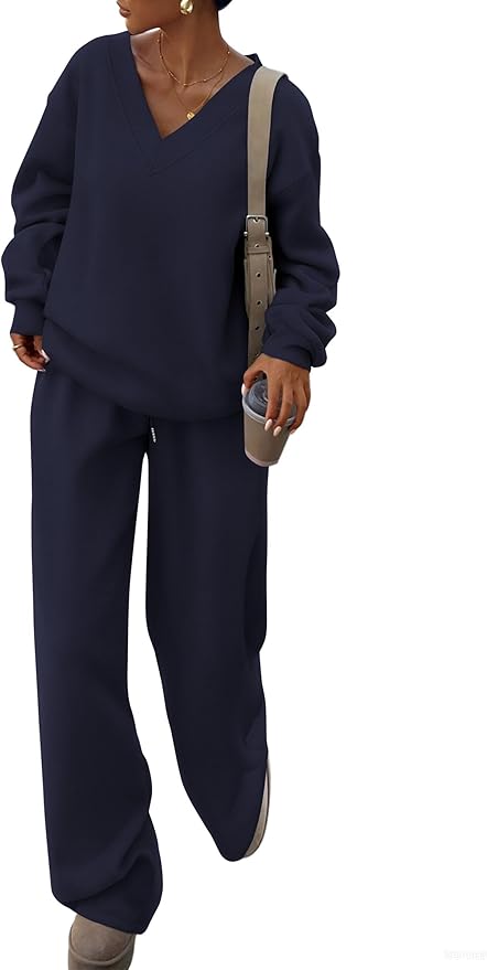 PRETTYGARDEN Casual Winter Two Piece Sets for Women 2026 V Neck Sweatshirt Loose Wide Leg Pants Tracksuit Knit Fall Outfits