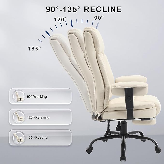 Reclining Office Chair with Footrest, 400Lb Big and Tall Office Chairs High Back Executive Computer Gaming Chairs with Wide Seat Pu Leather Recliner Home Desk Chairs for Adult,Beige