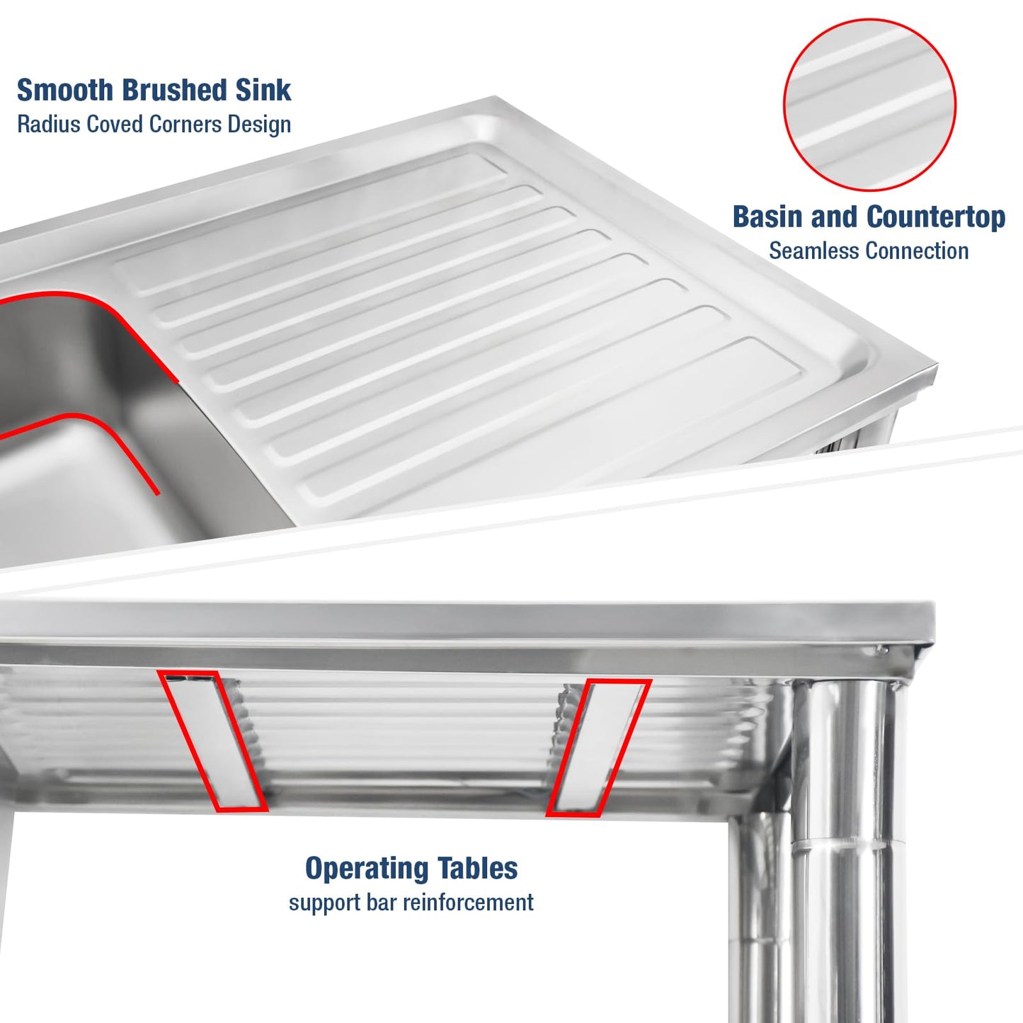 DuyviSteil Free Standing Double Bowl Sink, Stainless Steel Utility Sink, Commercial Restaurant Kitchen Sink Set, Water Pipe & w/Workbench & Storage Shelves Indoor Outdoor (47in)