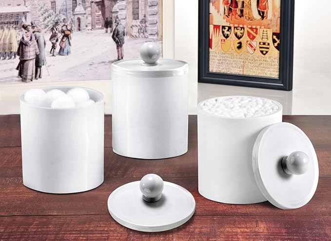 SheeChung 6 Pack Qtip Dispenser Apothecary Jars Bathroom with Labels - Qtip Holder Storage Canister Clear Plastic Acrylic Jar for Cotton Ball/Swab/Rounds,Floss Picks, Hair Clips (White)