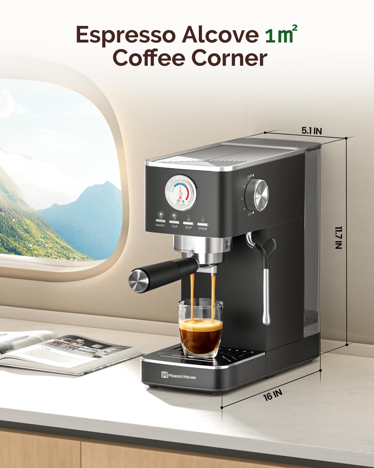 Maestri House Espresso Machines 20 Bar ULKA Pump, Compact Espresso Maker Built-in Flow Meter Steam Milk Frother, 43oz Removable Water Tank Stainless Steel Coffee Machine for Cappuccino (Black)