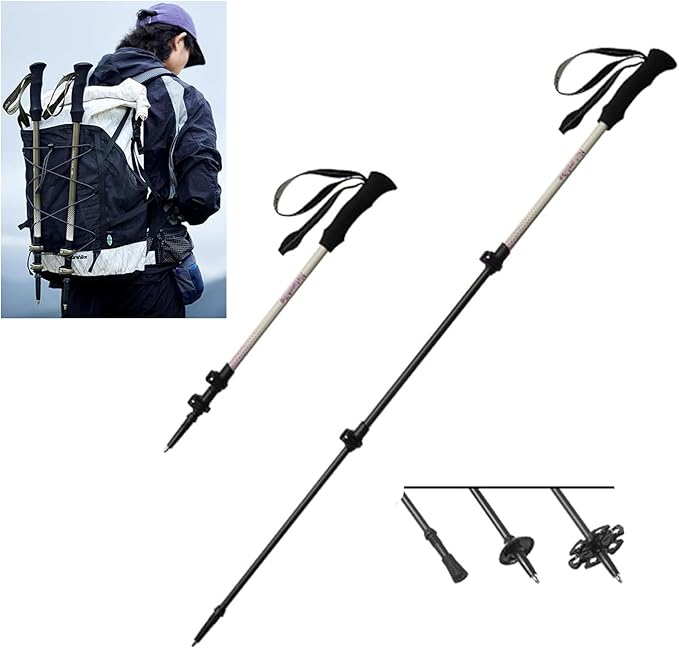 2-Pieces 3K Carbon Fiber Trekking Pole-Collapsible and Telescopic 3 Section Ultralight Hiking Pole for Women Men Walking P...
