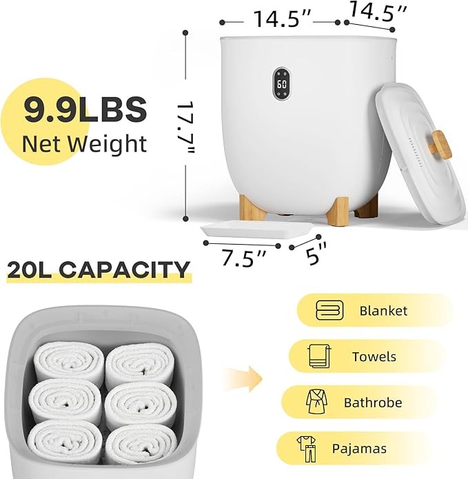 Senfot Towel Warmer Bucket, 20 L Towel Dryer Heater Blanket Warmer with Heating & Drying Modes, Led Display, Timer & Auto Shut Off, Compact for Bathrooms, Spas, Apartments