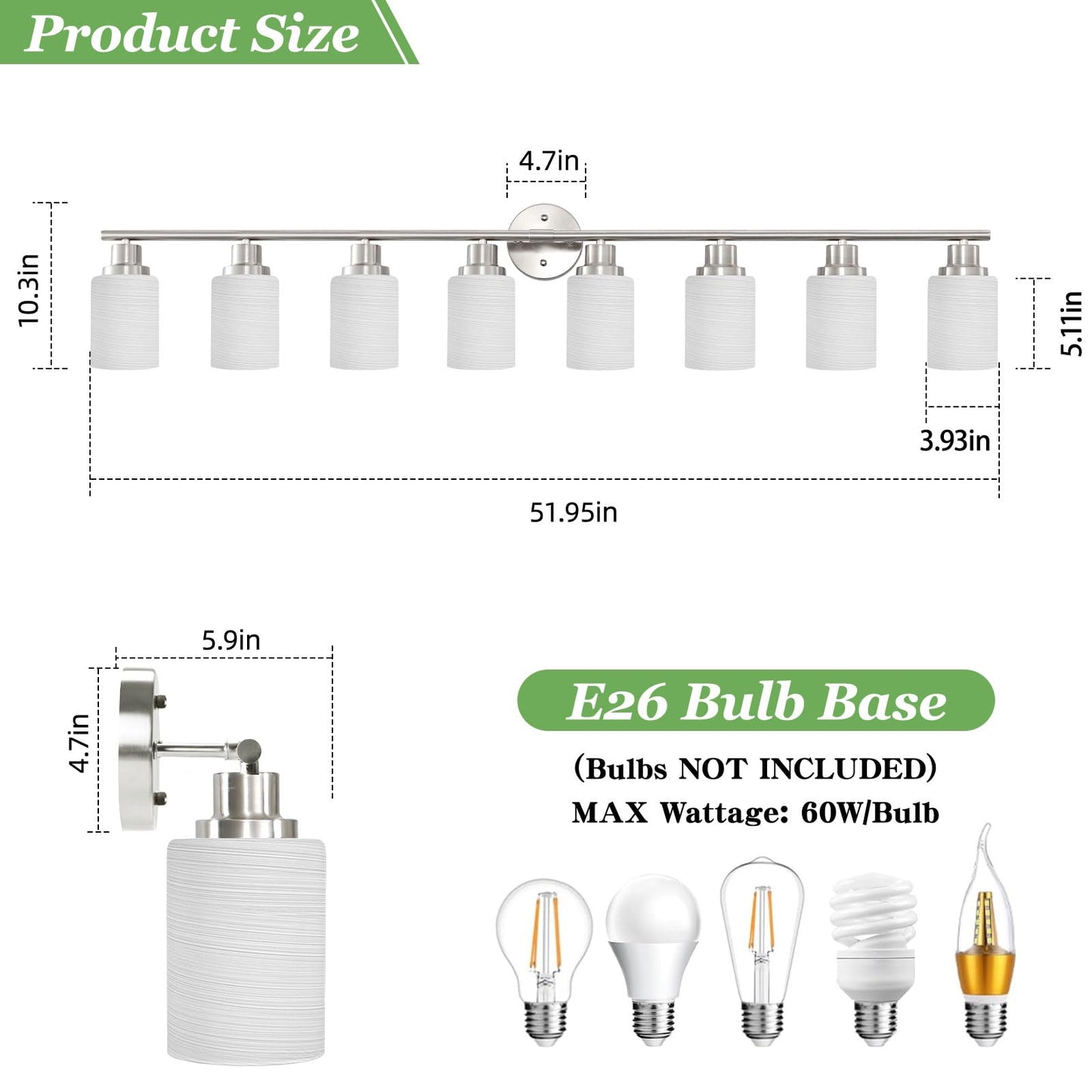 Guliaofo 8-Light Vanity Lights, Brushed Nickel Bathroom Light Fixture with Striped Textured Milky White Glass Shade, E26 Modern Vanity Lighting Fixture for Bathroom Wall Sconce Light Over Mirror
