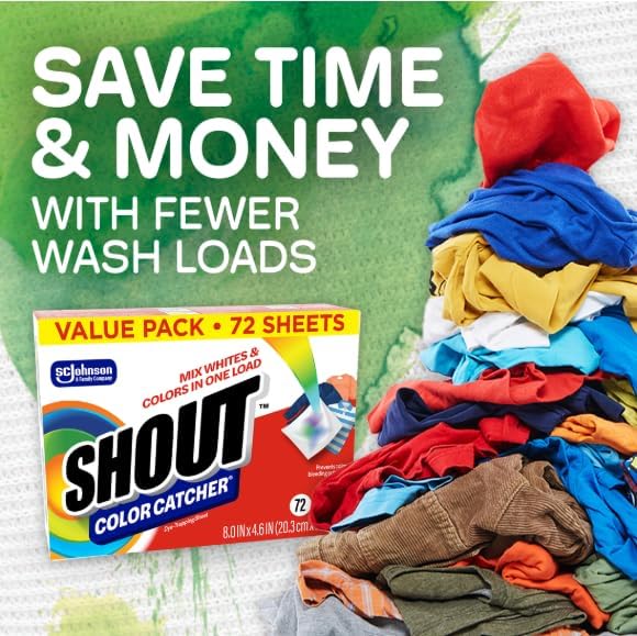 Shout Color Catcher Sheets for Laundry, Allow Mixed Washes, Prevents Color Runs and Maintains Original Clothing, 72 Count - Pack of 4 (288 Total Sheets)