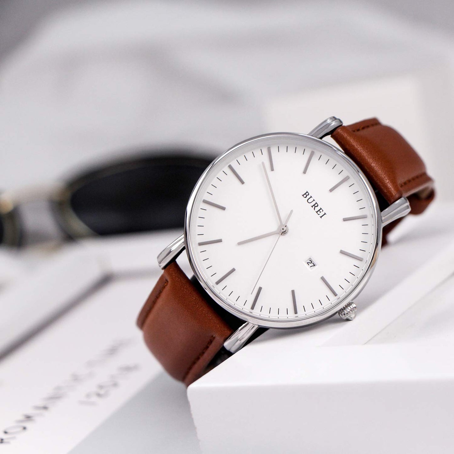 BUREI Men's Fashion Minimalist Wrist Watch Waterproof Watches Simple Ultra Thin Watches Analog Quartz Date with Brown Black Leather Strap