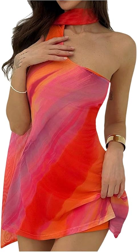 MakeMeChic Women's Summer Y2k Mini Dress Backless Vacation Dress One Shoulder Mesh Dress with Scarf