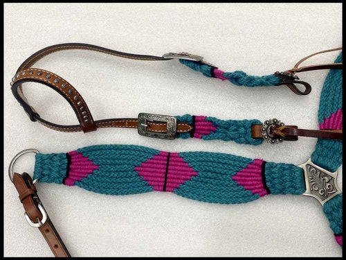 Showman Pink & Teal Corded Single Ear Headstall & Breast Collar Set