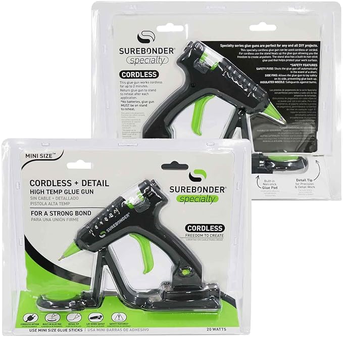 Surebonder Cordless/Corded High-Temperature Mini Hot Glue Gun with Fine Tip for Detailed Crafting and DIY Projects, 20 Watts (CL-195F)