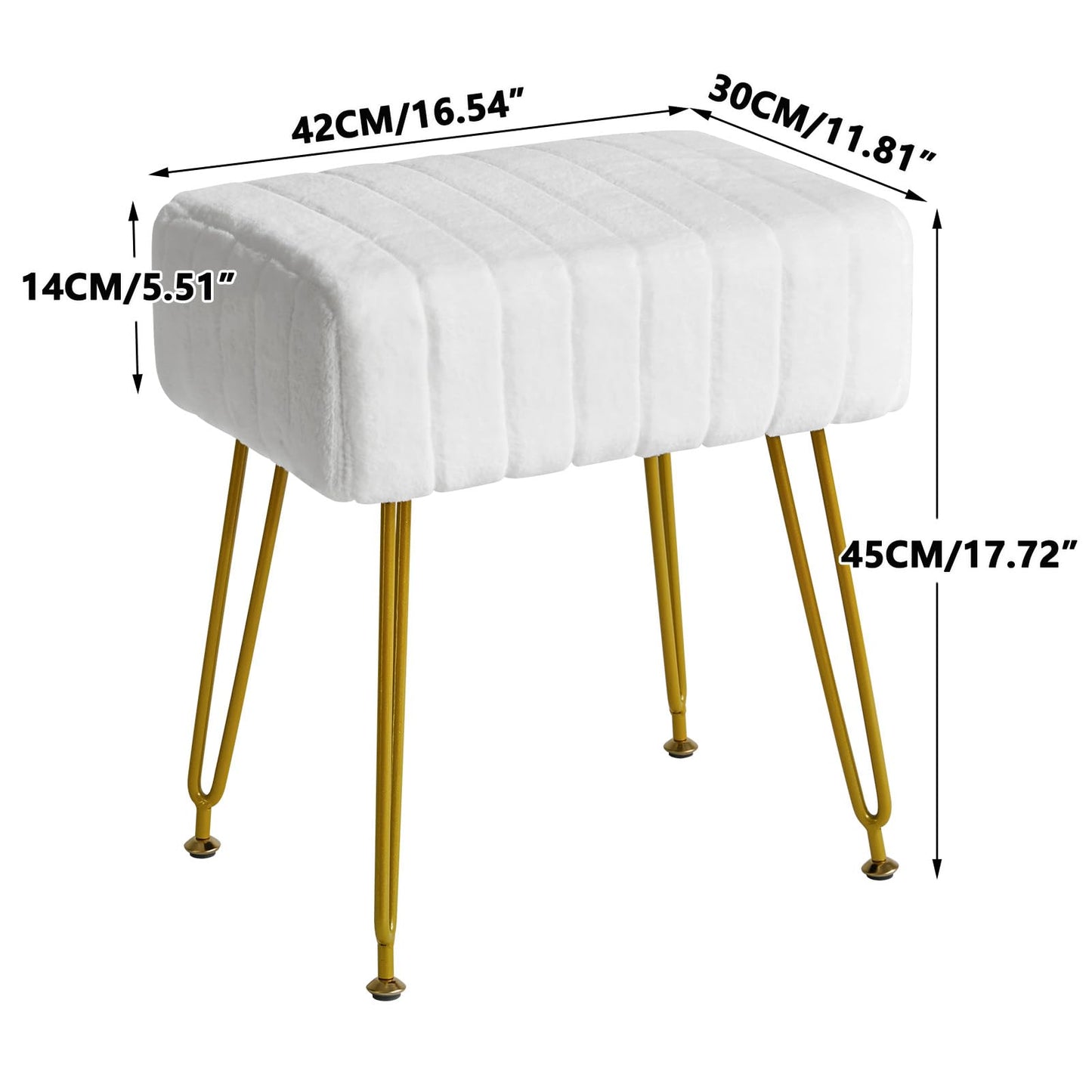 IBUYKE Velvet Rectangular Footrest Stool Ottoman, Makeup Vanity Stool Side Table, Velvet Dressing Table Seat, Pouf Couch Stool, Golden Steel Legs, White LG-51W