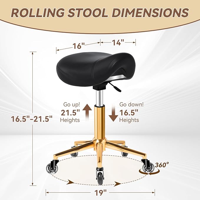 Saddle Stool with Wheels Ergonomic - Thick Wide Saddle Cushion, Healthy Posture No Pain, Easy to Adjust, Smooth Rolling No Creaky Noises, Rolling Swivel Saddle Stool Chair for Salon Massage (Black)