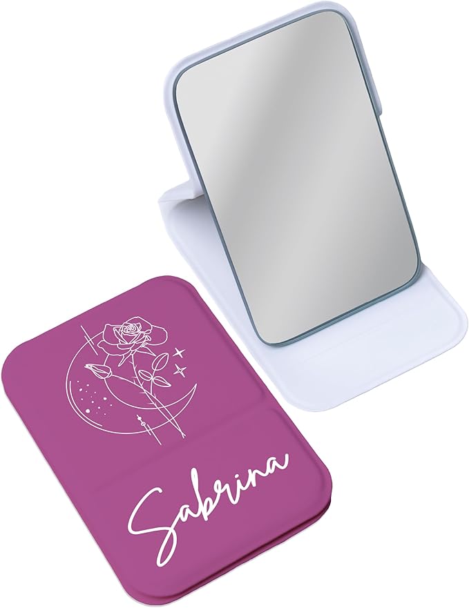 Personalized Birth Flower Month Travel Makeup Mirror for Women | White Birth Flower and Name UV Painting |Custom Small Portable Travel Pocket Mirror Birthday Gifts for Women, Mom, Girl