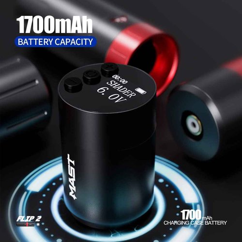 Mast Flip2 Wireless Tattoo Pen Machine Gun, Adjustable 6 Strokes 2.4-4.2mm, Rechargeable Battery Digital Display, Coreless Tattoo Motor by Mcore (1 Battery)