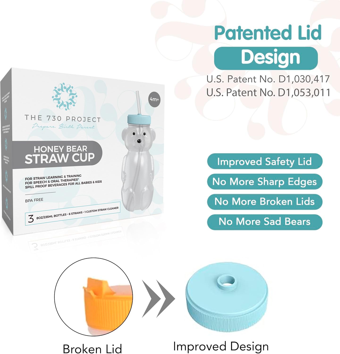 The 730 Project Honey Bear Straw Cup for Babies, 8-oz Honey Bear Cup with Lid, 3-Pack Therapy Learning Honeybear Straw, Baby Bottle Set, Blizzard AQUA