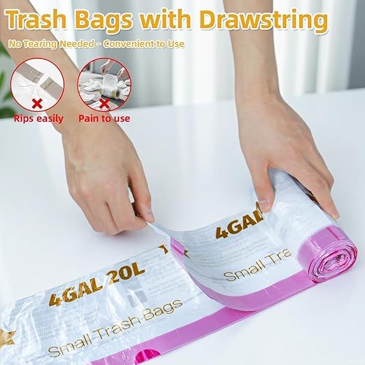 OKKEAI 4 Gallon Small Trash Bag Drawstring. 60 Count White Heavy Duty Trash Bags Tear & Leak-Proof Wastebasket Liners with Safety Warning for Bathroom, Kitchen, Bedroom, Office