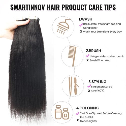 100G Tape in Hair Extensions Yaki Straight Tape in Human Hair Extensions 4C for Black Women 40Pcs Double Sided Seamless Skin Weft Tape on Hair Pieces InvisibleTape ins 18 Inch for Short Hair