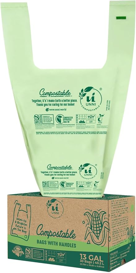 UNNI Compostable T-Shirt Bags with Tie Handles, 13 Gallon / 49.2 Liter, 30 Count, 0.87 mil Tall Kitchen Compost Liners, Certified by BPI, CMA & OK compost HOME, Meets ASTM D6400
