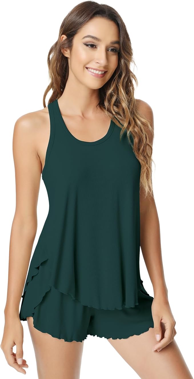 NACHILA Pajamas for Women-Viscose from Bamboo, Ribbed Racerback Tank Top Sexy Split Shorts Pajama Sets Cooling Sleep Cami Pjs