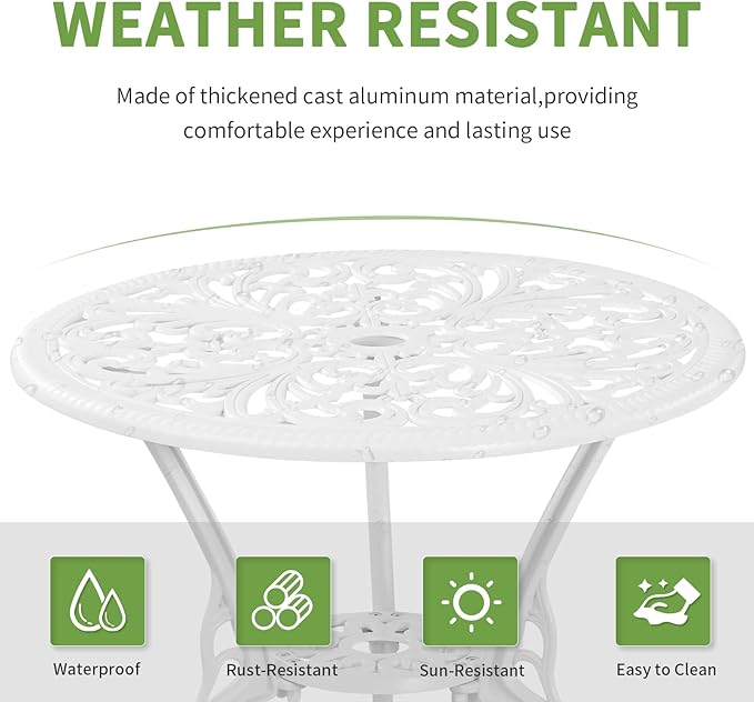 Withniture Bistro Set 3 Piece Outdoor Cast Aluminum Patio Bistro Set with Umbrella Hole, All Weather Bistro Table and Chairs Set, Small Patio Furniture Set for Garden, Porch,White