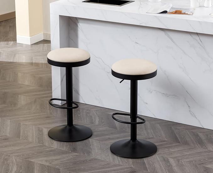 EALSON Modern Swivel Bar Stools Set of 2 Adjustable Counter Height Backless Barstools with Metal Base Leather Upholstered Round Bar Stool Chairs for Kitchen Island/Pub/Breakfast Bar, Beige
