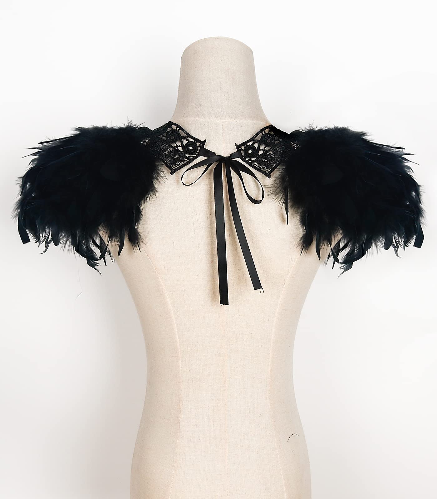 L'VOW Natural Real Feather Steampunk Lace Epaulet Shoulder Wings Gothic Halloween Costumes for Women and Men(Black)