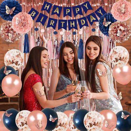 Pugkloy Rose Gold and Navy Blue Birthday Party Decorations with Happy Birthday Banner, Curtains, Butterfly Wall, Circle Do...
