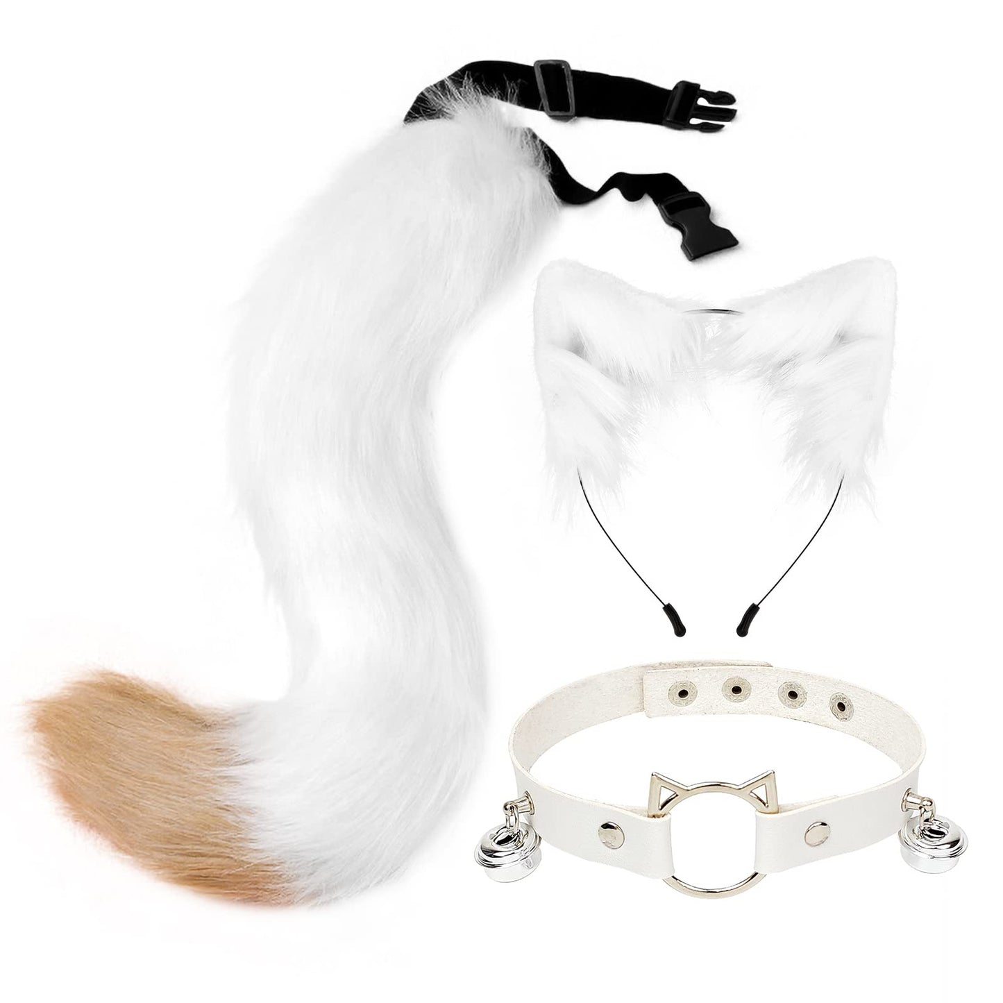 Cat Ears and Wolf Fox Animal Tail Cosplay Costume Faux Fur Hair Clip Headdress Halloween Leather Neck Chocker Set