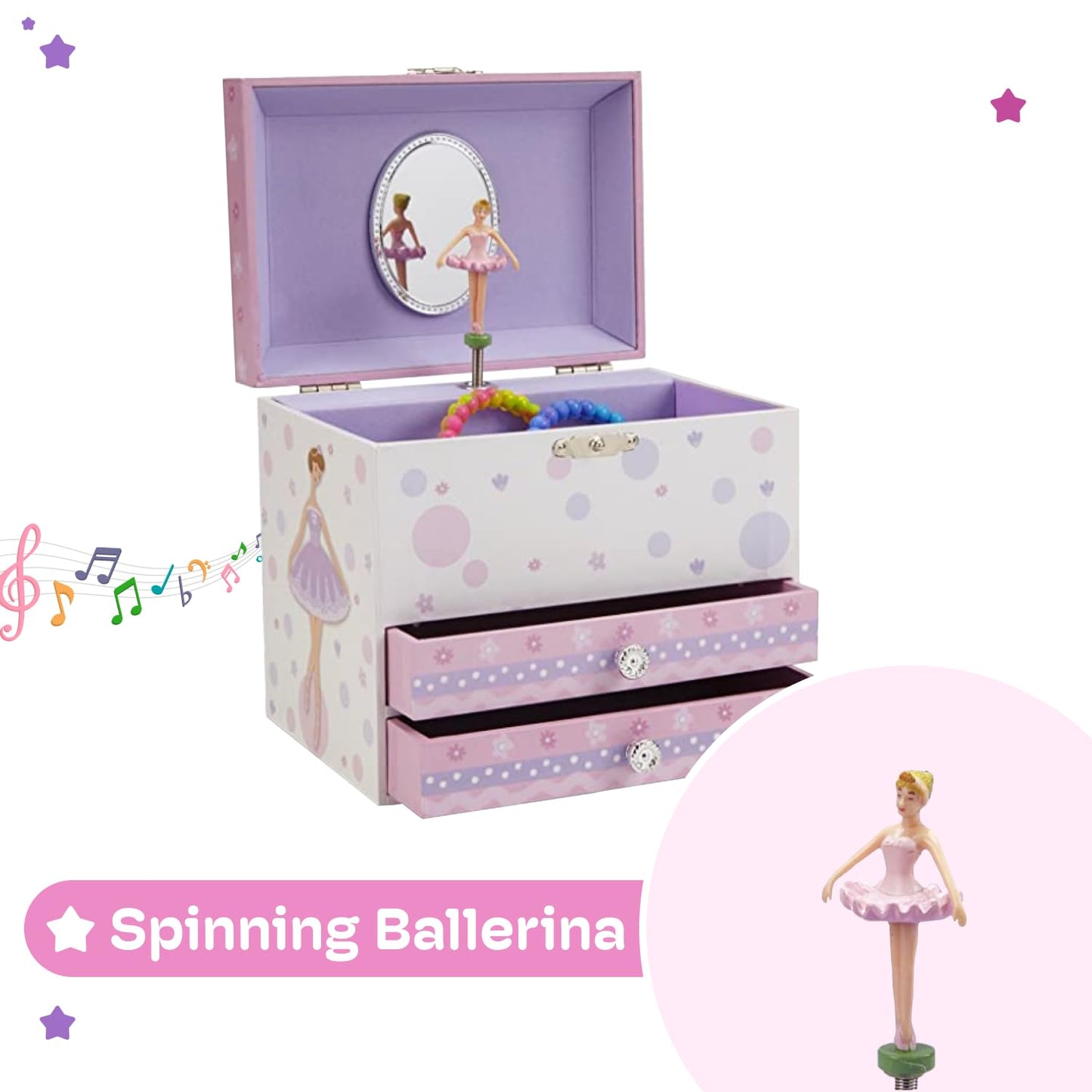 Jewelkeeper Jewelry Box for Girls with Ballerina and Music Box - Dual Drawers and Spacious Storage - Swan Lake Tune - White and Purple Jewelry Keepsake Chest - 6 x 6.75 x 5.25 Inches