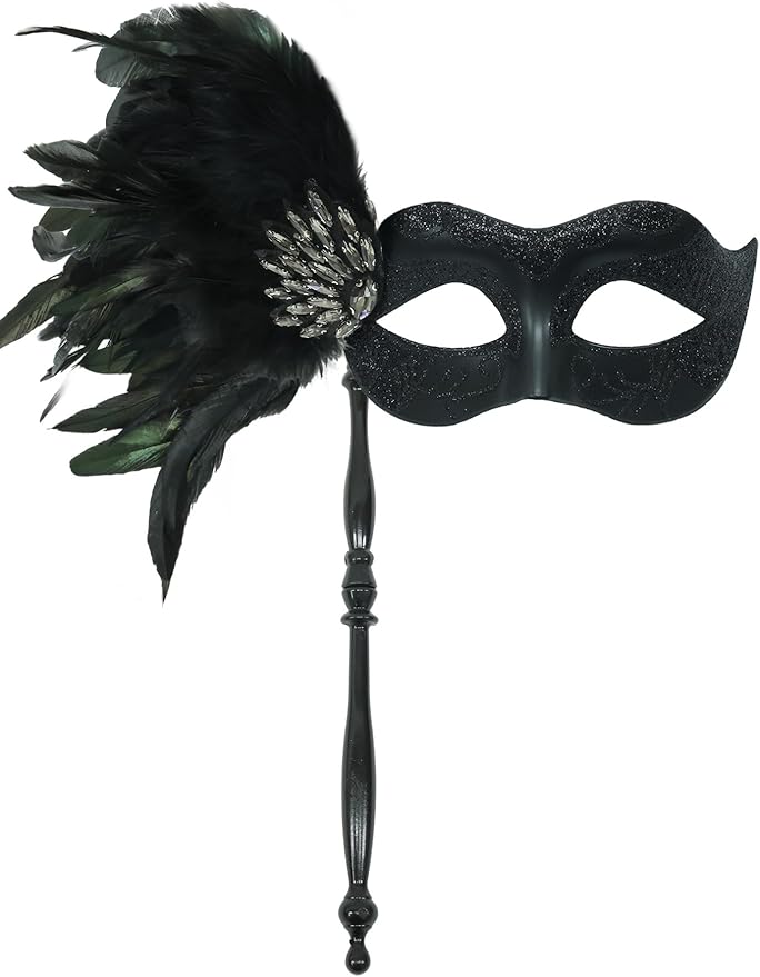 LCKRVOL Masquerade Mask for Women with Stick, Shiny Women's Feather Mardi Gras Venetian Mask for Prom Ball Costume Party
