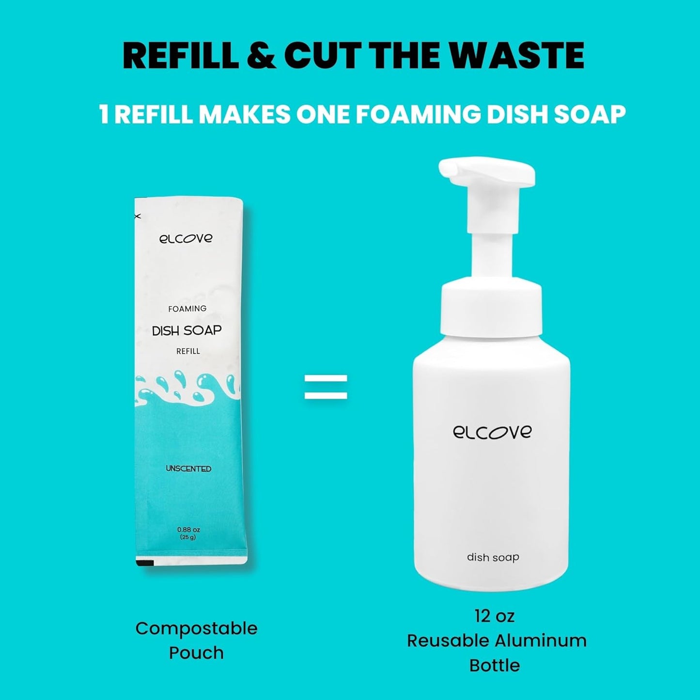 Eco Friendly Foaming Dish Soap Starter Set, Reusable Aluminum Soap Dispenser, 3 Zero Waste, Non Toxic, Concentrated Powder Refills Make 3x12oz (36 oz Total) of Foaming Dish Detergent (Unscented)